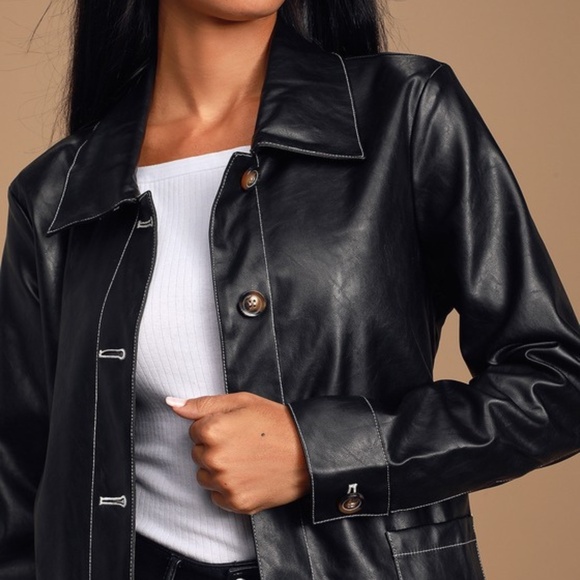 Lulus Black Vegan Leather Belted Jacket - Picture 3 of 8